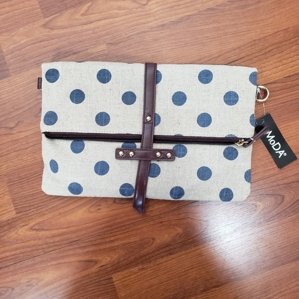 Navy Polka Dot Canvas Clutch/Crossbody NWT